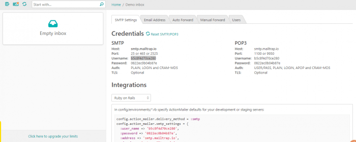 smtp setting for mailtrap